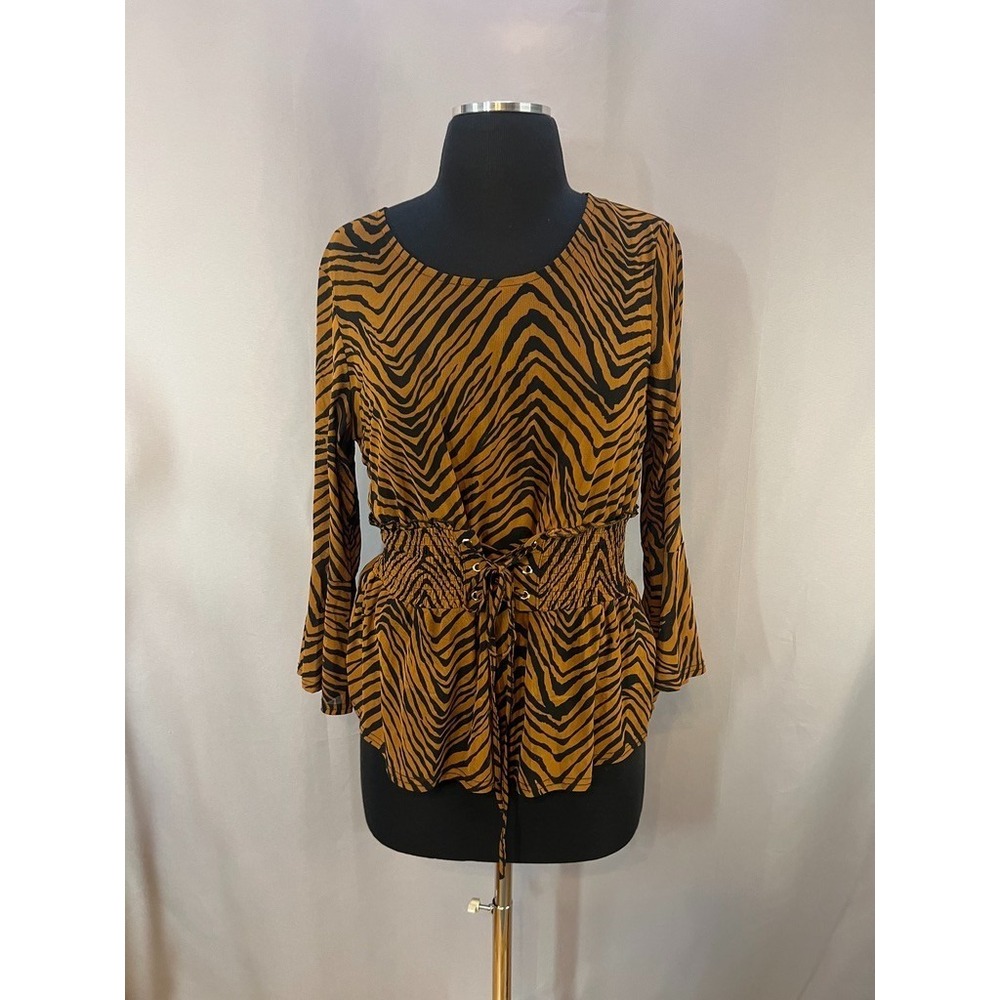 Ember Womens M Zebra Animal Print Smocked Corset Lace-Up Waist Boho Y2K Blouse